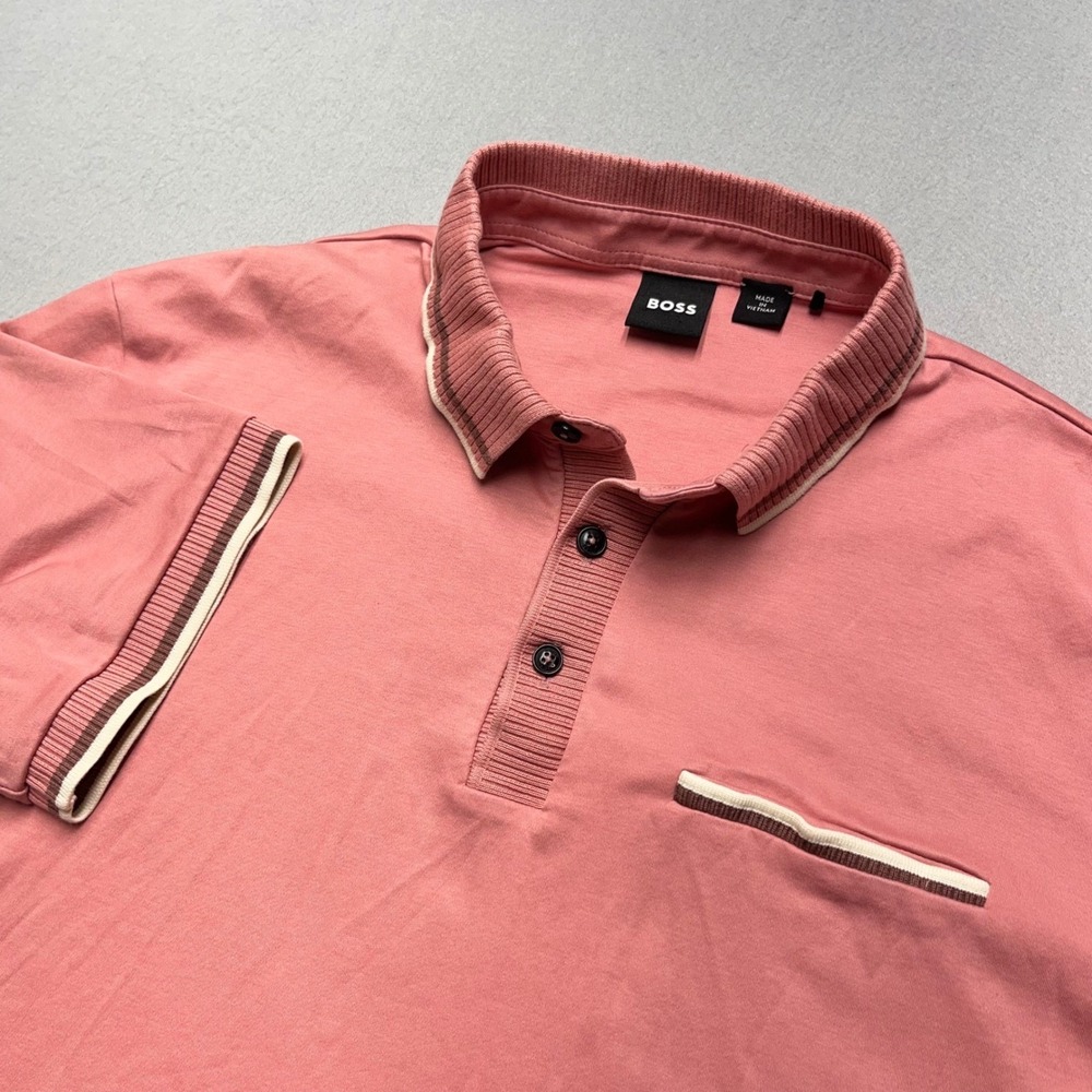 BOSS Hugo Boss Mens Short‎ Sleeve Polo Shirt Pink Tipped Collar Size Medium